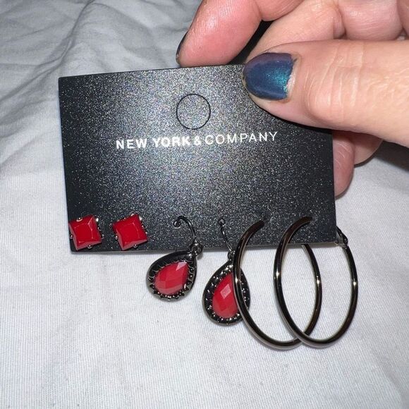 New York & Company Set of Three Red and Gunmetal Earrings - Picture 3 of 4